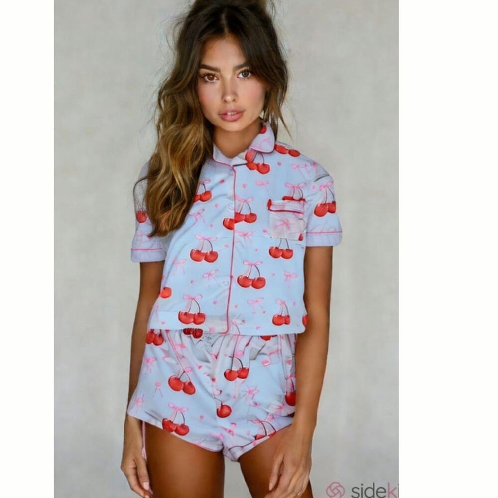 NWOT XXL cherry Barbiecore Bow PJ set button up shirt/shorts. Girly Pop